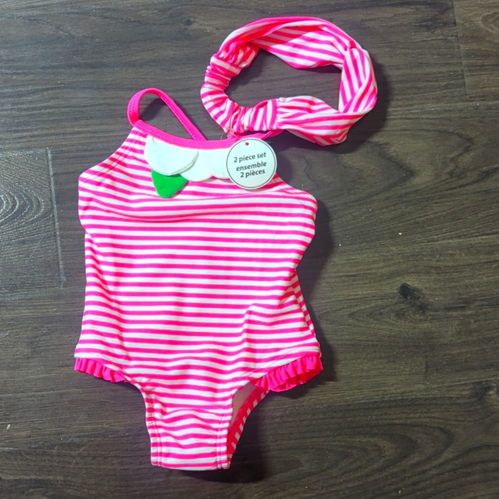 BNWT Pink Striped Bathing Suit Set 6-12M.  Brand new with tags.